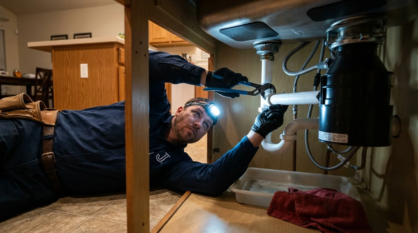 P-trap and supply line connections under a kitchen sink showing a common leak point in Taylor, MI